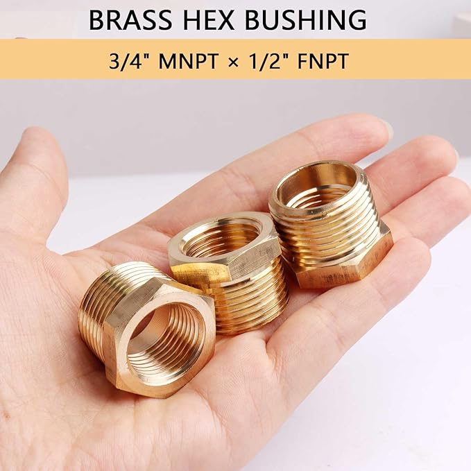 3/4" NPT Male to 1/2" NPT Female Brass Hex Bushing Reducing Bushing Pipe Fitting, Brass Fitting Reducer Adapter 3 Pack