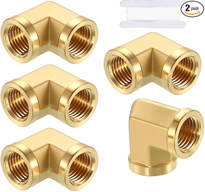 2 Pack Brass Pipe Fittings, 90 Degree 1/4" FeMale NPT to 1/4" FeMale NPT Barstock Street Elbow with Sealing Tape, Forged Pipe Fitting Connector for Air, Oil, LP
