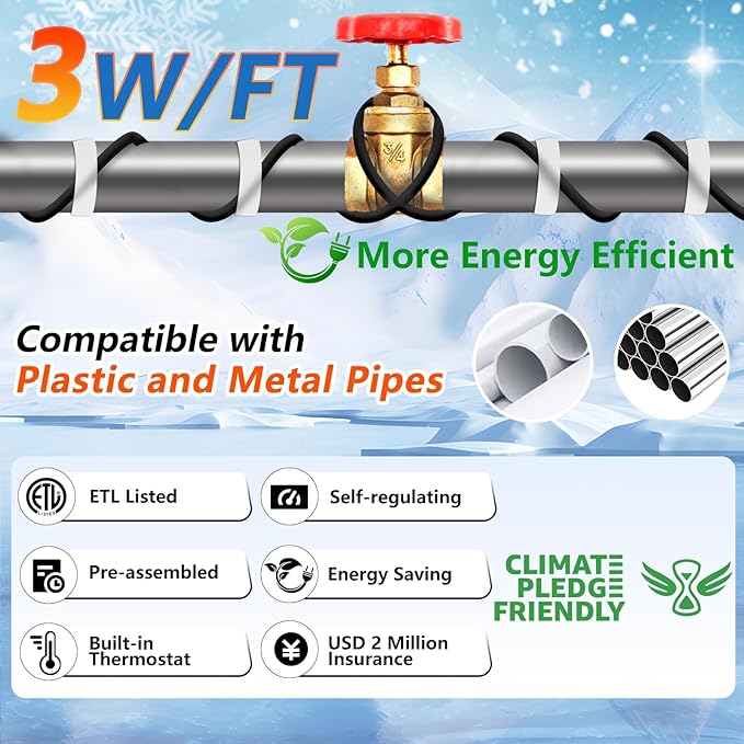 HEATIT 24ft Heating Cable for Metal And Plastic Home Supply Pipes, Keeps Water Flowing at -40°F, Self-Regulating Pipe Heat Cable for Pipe Freeze Protection, Energy-Saving, ETL Listed,120V 3W/FT