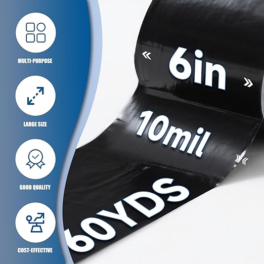 Heavy Duty Black Duct Tape, 10 Mil Extra Thick, 6 in x 60 Yds (180 ft), Waterproof, Strong Adhesive, No Residue, Multi-Purpose Home Repairs, Tearable for Indoor and Outdoor Use