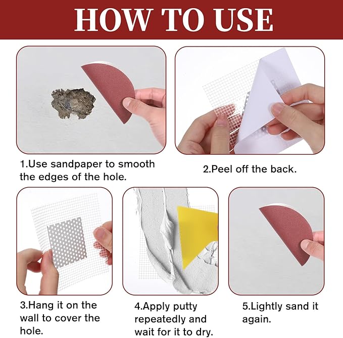 13 Pack Drywall Repair Patch, 2 Inch Drywall Repair Kit Patch with Extended Self-Adhesive Mesh, Dry Wall Patches Kits for Holes, Comes with Scraper and Sandpapers