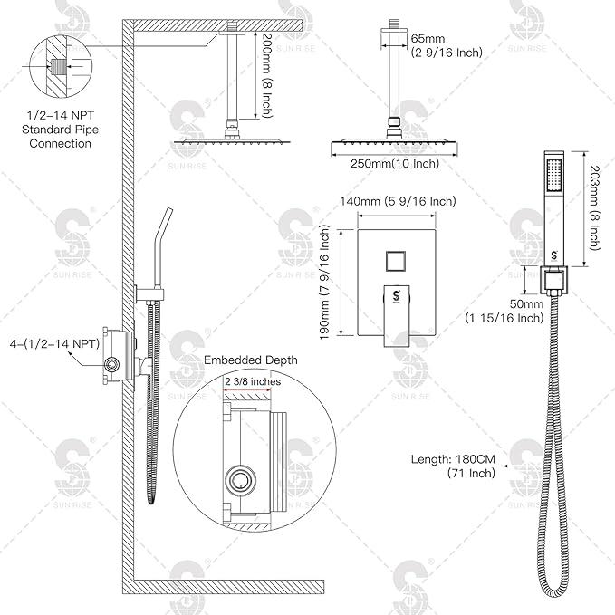 SR SUN RISE 10 Inch Ceiling Mounted Shower System Rain Mixer Shower Combo Set Rainfall Shower Head System Matte Black Shower Faucet Rough-in Valve Body and Trim Included