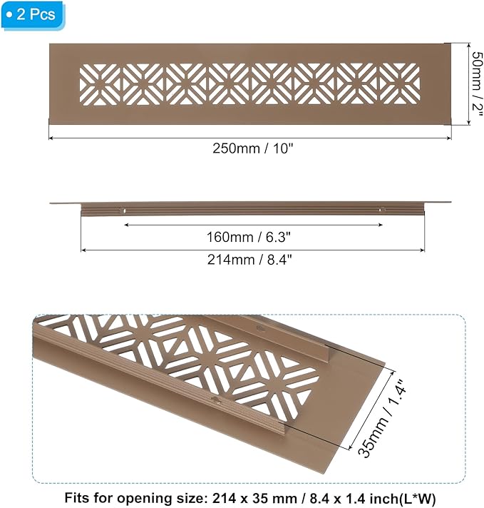 PATIKIL 10 x 2 Inch Door Air Vent Cover, 2 Pcs Heavy Duty Aluminum Grille Ventilation Cover Louvered with Mounting Screws for Cabinet Wardrobe Door, Brown
