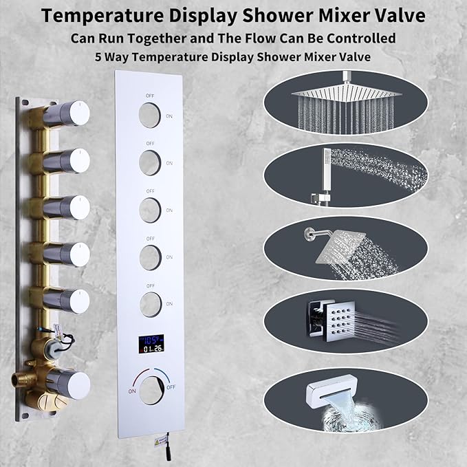 Solid Brass 5 Way Shower Diverter Valve with Temperature Display Shower Mixer Valve Bathroom Shower Diverter Replacement, Chrome