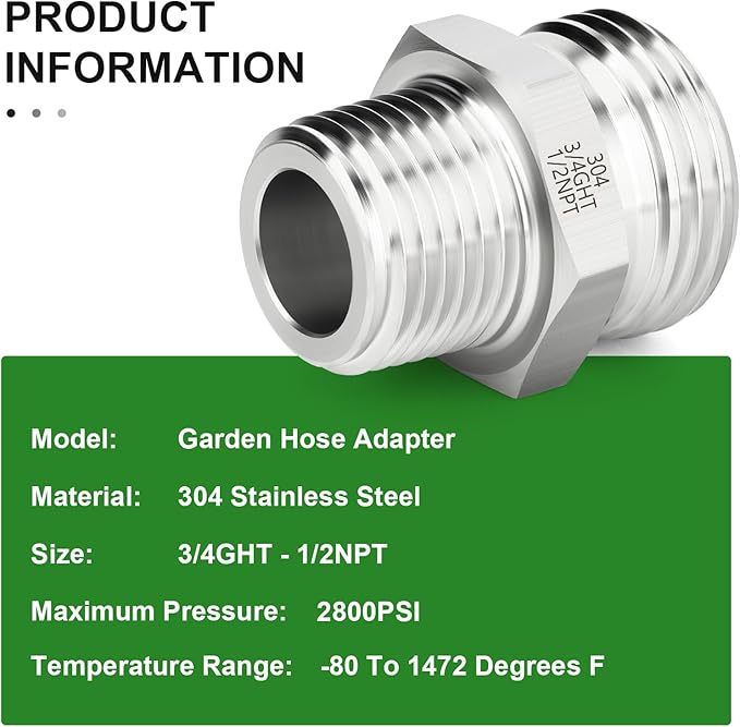 TAISHER 2PCS 304 Stainless Steel Garden Hose Adapter, 3/4" GHT Male x 1/2" NPT Male Garden Hose Connector with Washers