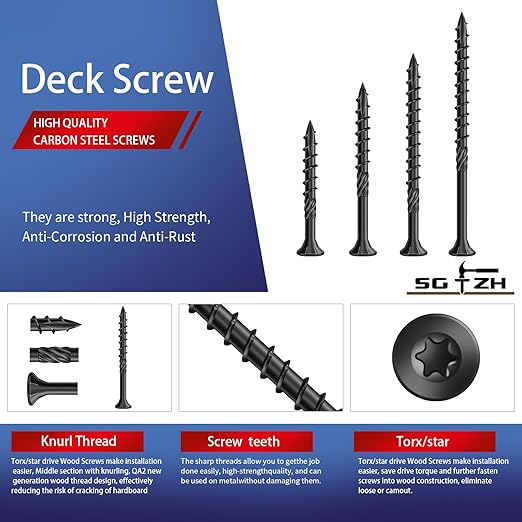 #8 x 1-1/4" Deck Screws (1194Pcs) 6lb. Carbon Steel, Black, Flat Head, Rust Resistant epoxy Coated, with T25 Star Bit