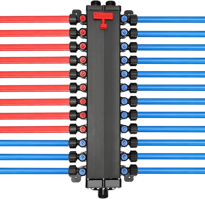 50243 Pex Manifold Compatible with Viega Manabloc, Homerun Distribution Pex Manifold with Valves, 1/2-Inch Zero Lead Poly Alloy PEX Crimp With 24 Ports Adapters(15 Cold, 9 Hot),Suitable for crimping.