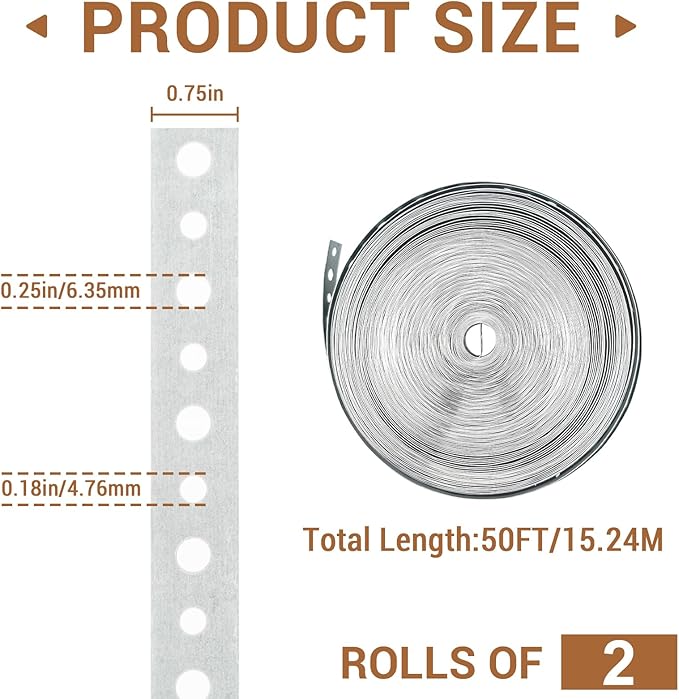 2Roll Galvanized Metal Pipe Strap 3/4-Inch x 50-Feet 24-Gauge for Pipe Support Pipe Hanger Strap Metal Strapping with Hole Flexible Trimming