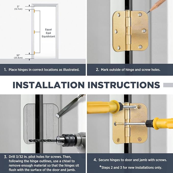 24 PackDoor Hinges Polished Brass 3.5 Inch Interior Hinges 5/8" Radius Brushed Brass Door Hinges