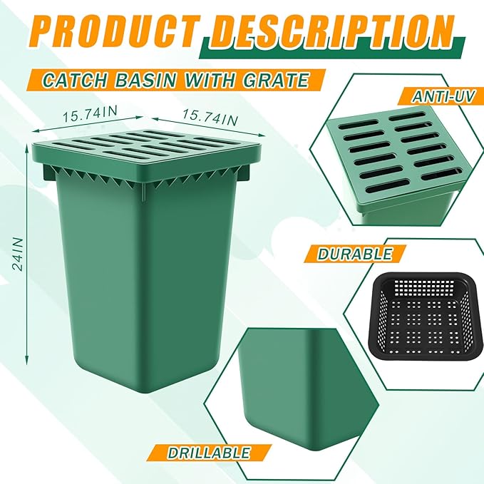 Catch Basin with Grate 15 x 15× 24 Inch Square Large Catch Basin for Drainage with Debris Basket French Drain Without Reserved Hole for Yard, Downspout, Lawn, Municipal Pipeline, Green