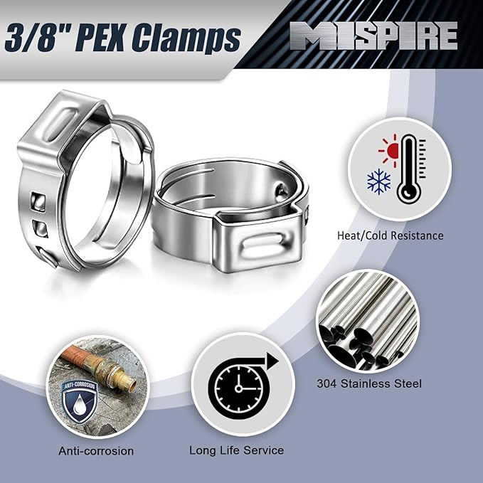 25 PCS 3/8 inch PEX Pipe Clamps, MISPIRE PEX Cinch Clamps Stainless Steel 304 Pinch Clamps for PEX Pipe Tubing Fitting Connections, Sliver