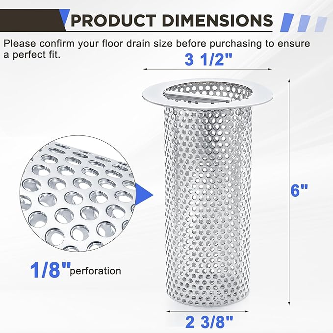 3" Diameter Commercial Floor Drain Strainer 6" Tall Perforated Cylindrical Mesh 316 Stainless Steel Drain Basket with Carry Handle –heavy-duty, for Restaurants, Kitchens, Factories
