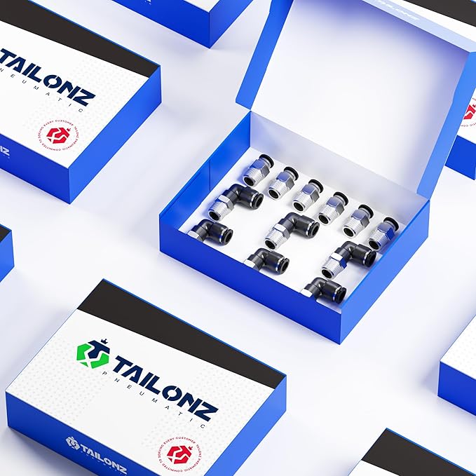 TAILONZ PNEUMATIC Elbow and Straight Combination 6MM Tube OD x 1/4 Inch NPT Thread Push to Connect Fittings PC6-N2+PL6-N2(Pack of 12)
