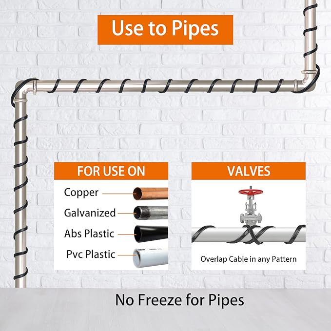 200FT(3~200FT Heat Tape for Water Pipes, -40°F Deicing Heating Cable, Freeze Protected Water Pipe Heating Cable,120V 5W/ft