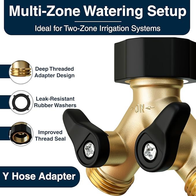 DBR Tech® Heavy Duty 2 Way Hose Splitter (Premium Brass for Superior Durability), Wye Garden Hoses Connector for Water Spigot Faucet Bib Tap, Double Shut Off Valve, Y Adapter, Rust-Resistant Finish