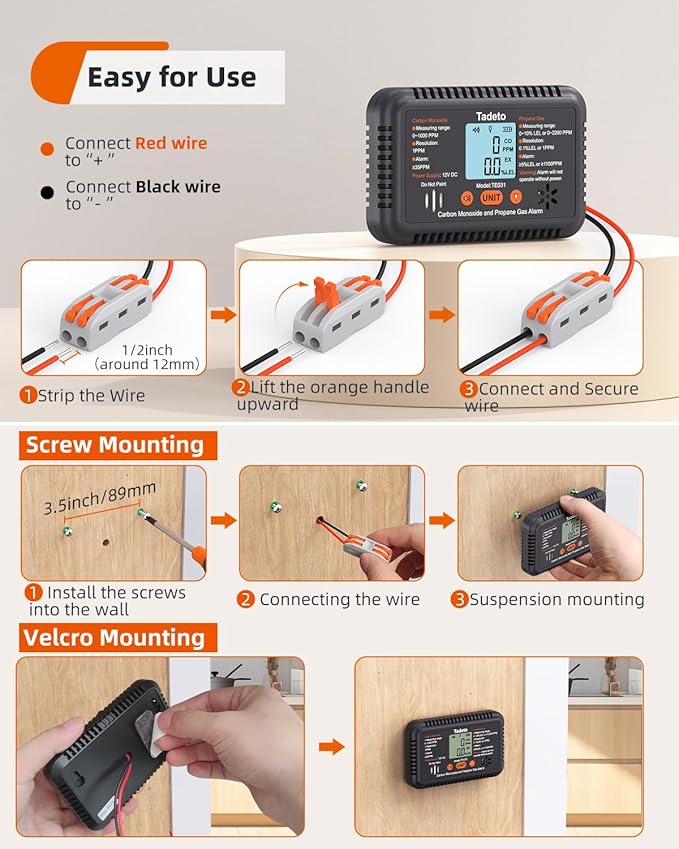 Tadeto RV Carbon Monoxide and Propane Gas Alarm, 12V DC Hardwired CO/LPG Gas Leak Alarm with Light and Audible Indicator, RV Propane Detector with Reset/Backlight for RV/Trailer/Camper