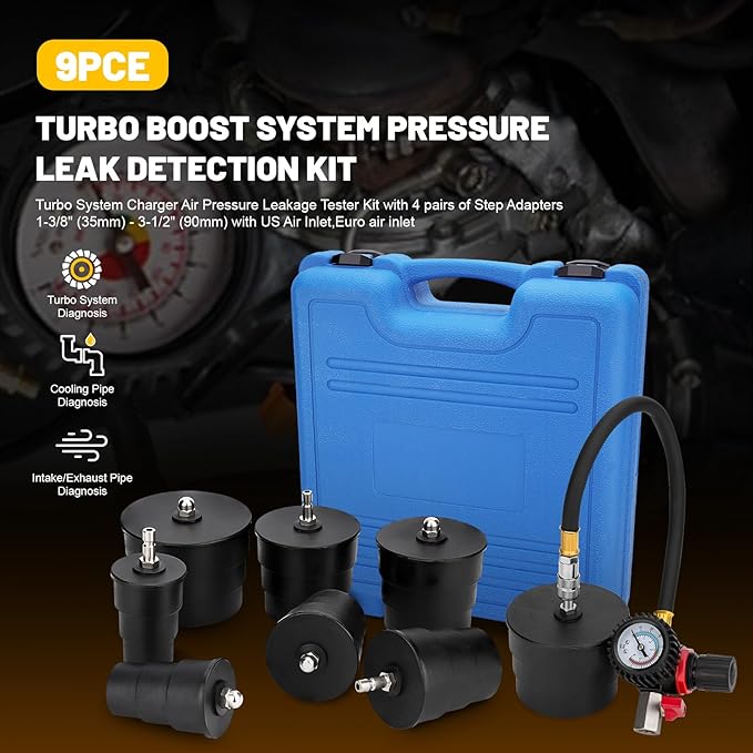 9-Piece Turbo Boost Pressure Leakage Tester Set Turbo System Leak Tester Kit with 4 Pairs of Step Adapters 1-3/8" (35mm) - 3-1/2" (90mm) and European Intake Port