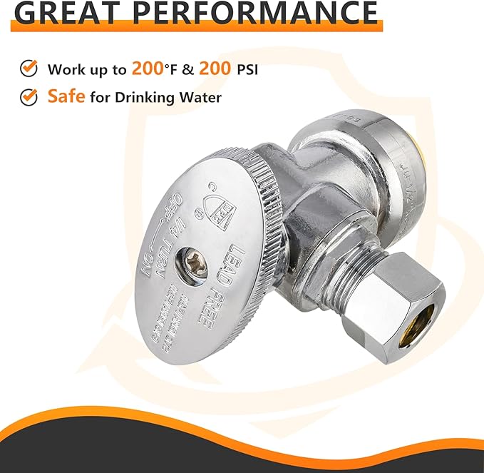 HeSun 10-PCs Push-Fit Angle Stop Valve, 1/2" Push x 1/4" OD Compression Angle Stop, 1/4 Turn Water Shut Off Valve for Bathroom with Disconnect Clip Tool