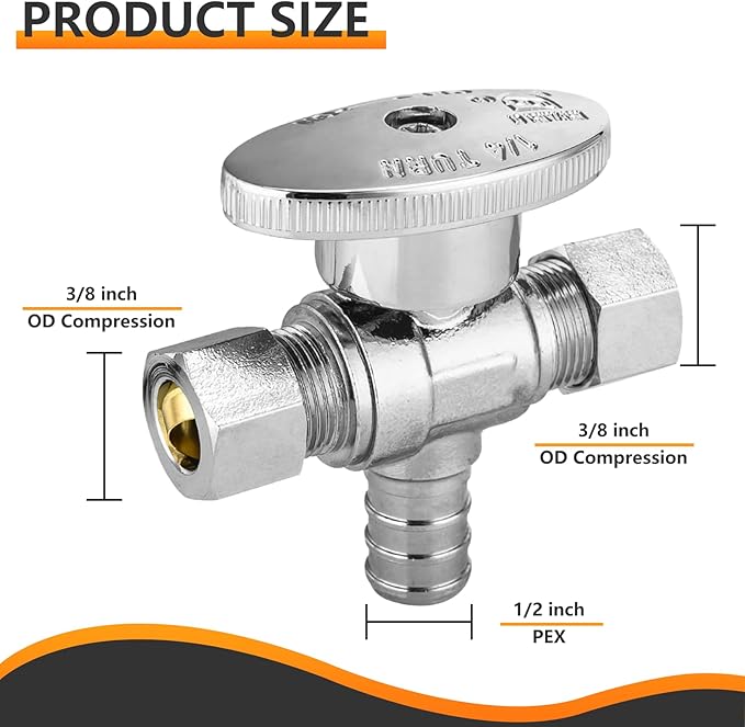 20-PCs HeSun Dual Compression Outlet Angle Stop Valve, 1/2" PEX-B x 3/8" OD Comp x 3/8" OD Comp, 1/4-Turn Shut Off Valve for Bathroom, ASTM F1807(VALVE125-20)