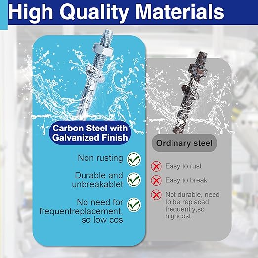 30Pcs 3/8" × 3-1/8" Concrete Anchor Bolts, Zinc Plated Carbon Steel Wedge Anchors for Cement, Brick, and Masonry