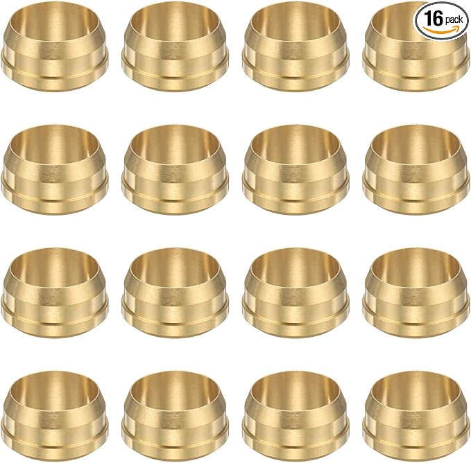PATIKIL 15 mm OD Tube Compression Sleeves Ferrules, 16 Pack Brass Ferrule Compression Fittings for Water Oil Air Pipes