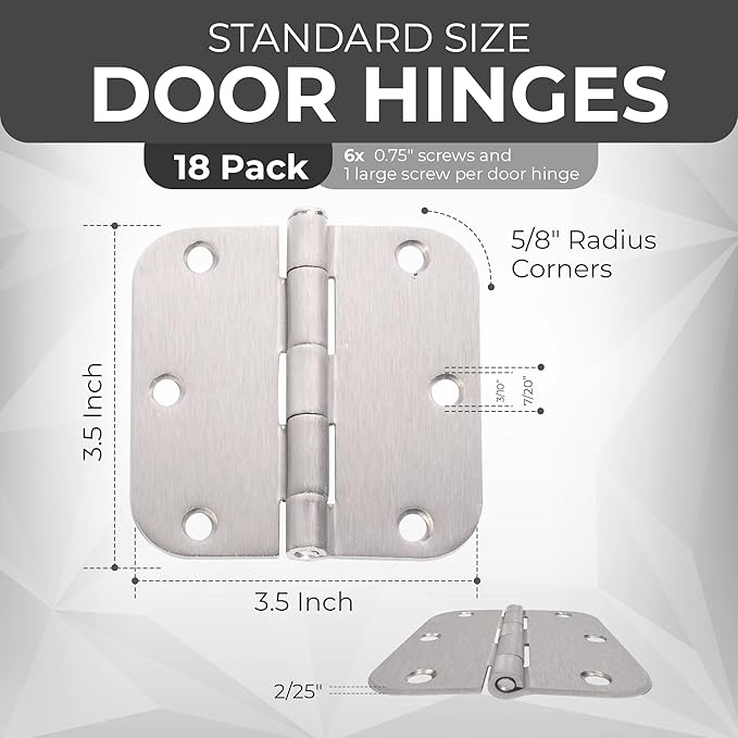 18 Pack Rounded Satin Nickel Door Hinges Matte 3.5 Inch 5/8" Radius Interior 3 1/2 Inch Flat Iron Bifold Residential Standard Bedroom Interior Exterior and Closets Doors 3 ½ x 3 ½ Heavy Duty Hardware