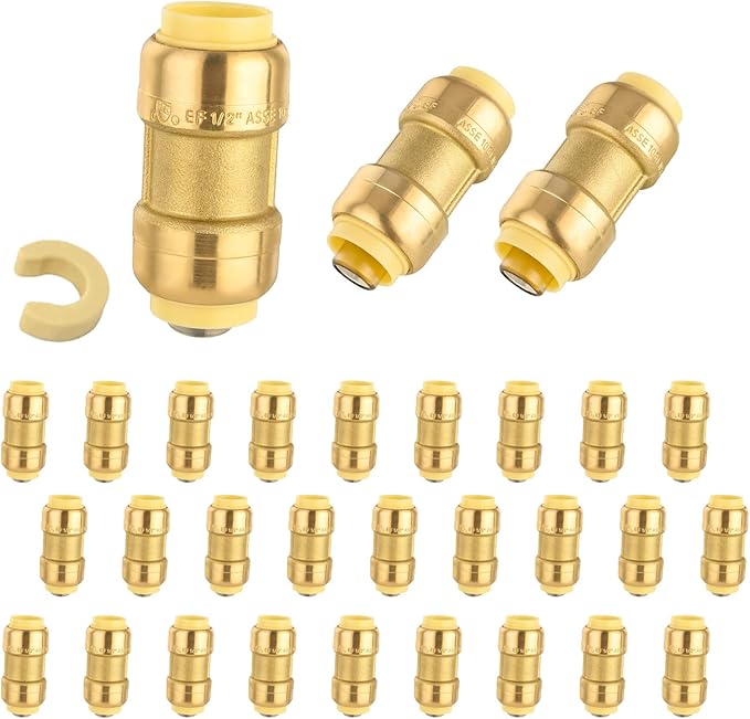 30-Pack Niikappu Push Fit Fittings, 1 Inch x 1 Inch Brass Plumbing Fittings to Connect PEX, Copper, CPVC, Brass Straight Coupling With Disconnect Clip