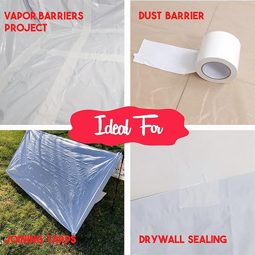 Vapor Barrier Tape, 7 Mil Polyethylene Tape Sealing Moisture Barrier Seam, Seal Tape for Crawl Space, Underlayment, Marine Use, White Insulation Tape, Waterproof, 6 Inch, 100 Foot Roll