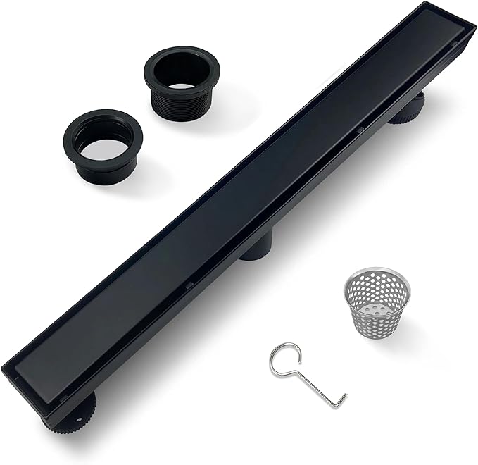 24 Inch Linear Shower Drain Black Floor Drain with Removable SUS304 Stainless Steel CUPC Certificate and 2-in-1 Tile Insert Grate Cover