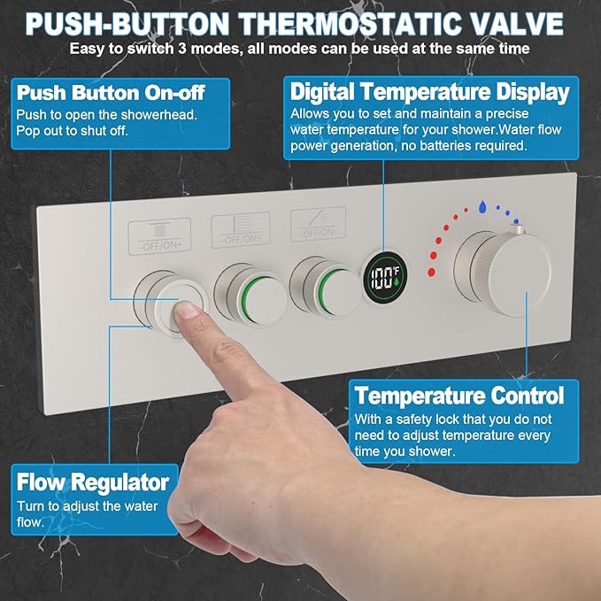 Enga 3-Function Shower Mixing Valve, Temperature Display Push-Button Thermostatic Valve with Flow Volume Control, Brushed Nickel