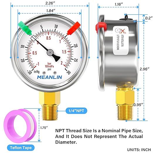 MEANLIN MEASURE -30inHG~30Psi Vacuum Gauge Stainless Steel 1/4" NPT 2" FACE DIAL Waterproof for Air Compressor HVAC Negative Pressure Hand Pump Pool Lower Mount (with 2PCS Snaps)