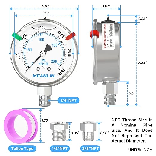MEANLIN MEASURE 0~3000Psi Stainless Steel Liquid Filled Pressure Gauge 2.5" FACE DIAL 1/4" NPT for WOG Water Oil Air Lower Mount with Stainless Steel Hex Bushing and Snaps