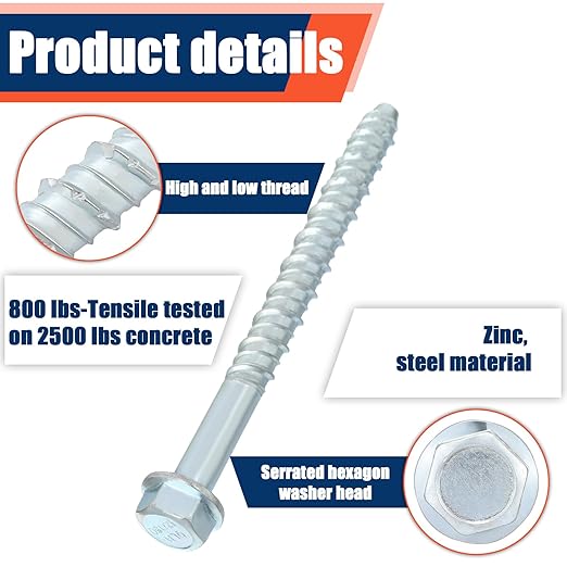 Tandefio 60 Pack 1/2" x 6" Concrete Screw Anchor Galvanized Large Diameter Heavy Duty Plated Concrete Anchors for Masonry Brick Anchoring Block Decking Framing Hex Drive