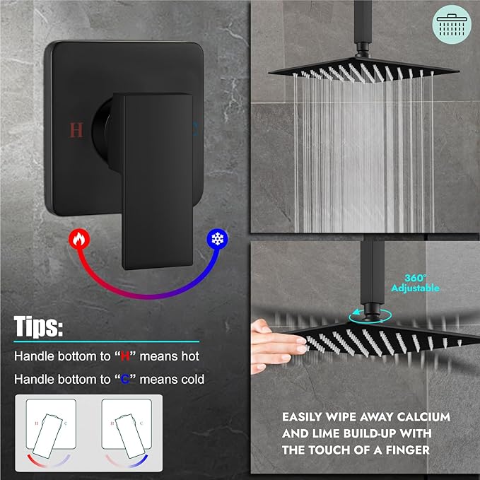 Heyalan Shower Faucet Set Square Stainless Steel Bathroom Rainfall Shower System One Handle Single Function Shower Trim Kit with Rough-in Valve Male Thread,Ceiling Mount,10 Inch,Matte Black