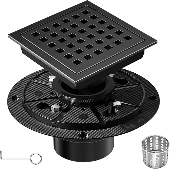 4-1/3 Inch Square Shower Floor Drain,304 Stainless Steel Square Shower Drain, High Flow Design CUPC & Watermark Certified (Black, 4 in)