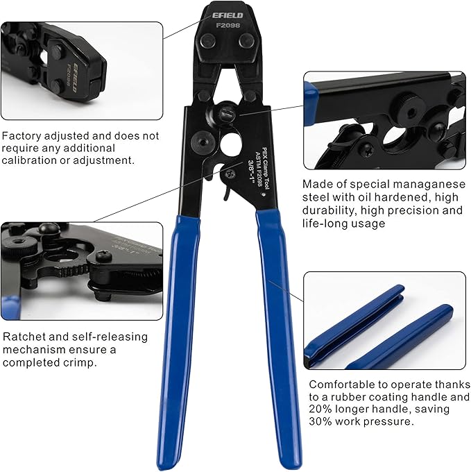EFIELD Heavy-Duty Canvas Bag/Pex Cinch Clamp Crimping Tool for Stainless Steel Clamps from 3/8" to 1" with Pipe Cutter 20pcs 1/2", 10 pcs 3/4" Clamps Suit US F2098 Standards,(TOOL005)