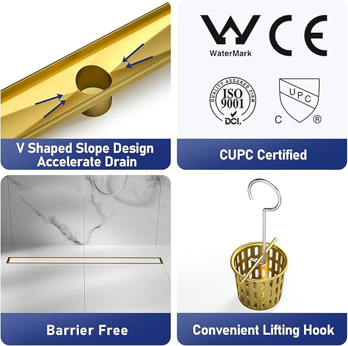 Linear Shower Drain 30", Brushed Gold Floor Drain with Tiled Insert Grate & Hair Strainer, 304 Stainless Steel Bathroom 2-in-1 Tiled in Drain, CUPC Certified (Brushed Gold, 30'')