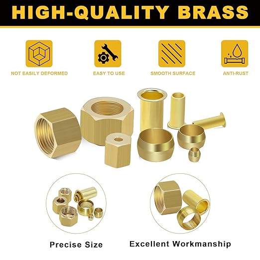 Siptenk 255PCS Brass Compression Sleeves Ferrules Inserts Nuts Fittings for Tube OD 1/2" 3/8" 5/16" 1/4" 3/16" 1/8", 6 Sizes Hose Compression Fitting Brass Ferrule Kit