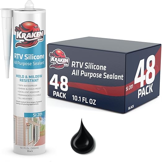 Kraken Bond Black Silicone Sealant Waterproof%100-10 fl oz Cartridge, RTV Silicone Caulk Bathroom and Kitchen, All Purpose, Window Caulking Sealant Outdoor, RV, Exterior Use Silicon - 48 Pack