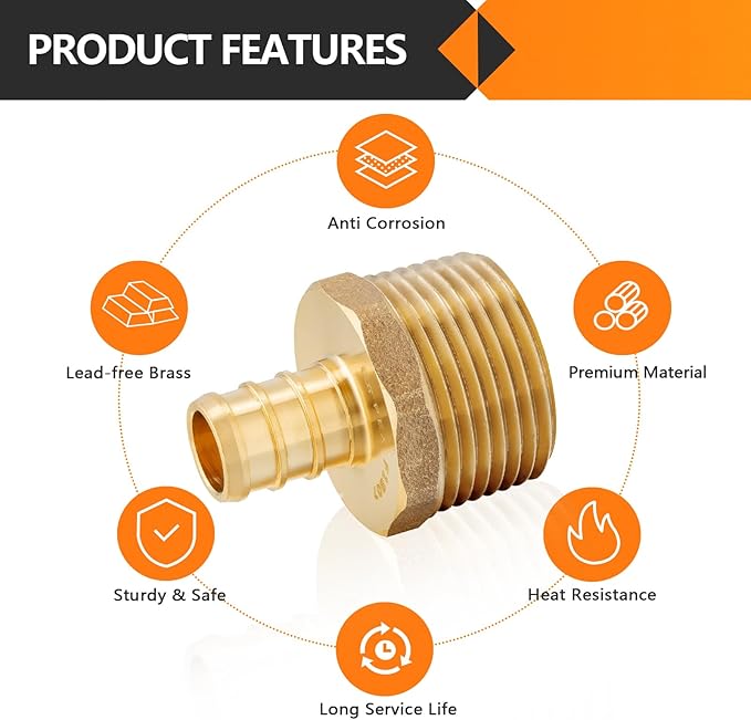 HeSun 20-Pack PEX Fittings, 1/2" PEX x 3/4" Male NPT, Brass Pex Male Adapter, Crimp Fitting for Pex Pipes, ASTM F1807