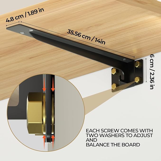Heavy Duty Shelf Brackets 14 Inch, 1500 lbs Capacity, Hooks for Wall Mounted Shelves, L-Shaped Floating Shelf Brackets with Hanging (Black 4 Pack)