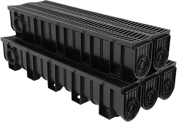 Trench Drain System, Channel Drain with Plastic Grate, 5.9x7.5-Inch HDPE Drainage Trench, 5x39 Trench Drain Grate, with 5 End Caps Black Plastic Trench Drain, for Garden, Driveway-5 Pack