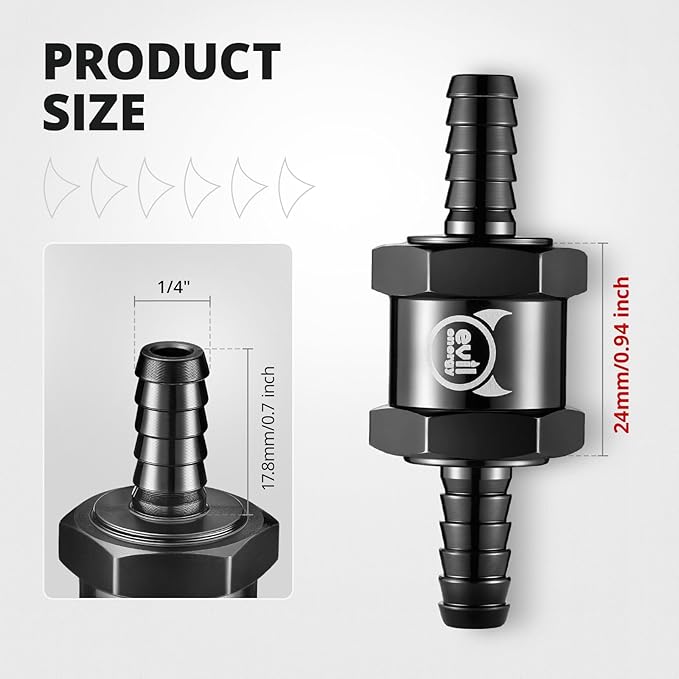 EVIL ENERGY 1/4'' (6mm) Check Valve, 3 Pcs Aluminum One Way Fuel Check Valve for Gasoline, Diesel & Coolant with Universal Hose Clamps, Black