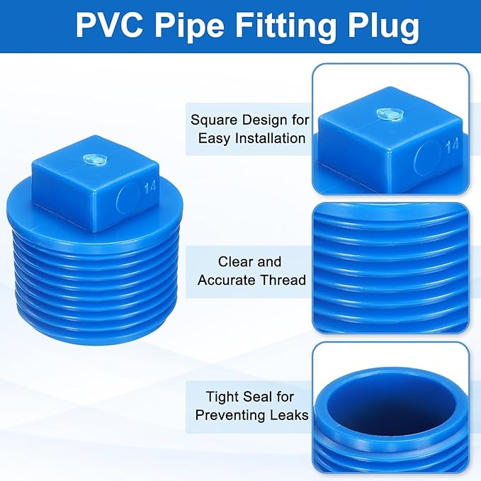 uxcell 5Pcs 3/4 Inch PT Male Thread PVC Pipe Fitting Plug, Cleanout Plugs, Water Drain End Caps Coupling Adapter with Tape for Water Heater Supply Lines, Plumbing, Blue