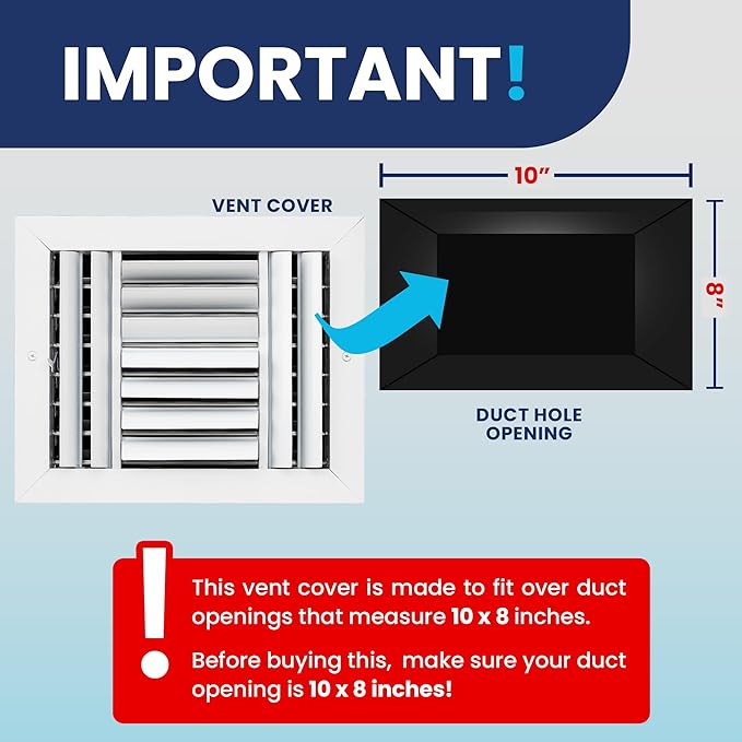 10x8 Inch (Duct Opening) Aluminum 4-Way Air Flow Vent – HVAC Vent Cover for Wall or Ceiling – Quiet HVAC Wall Register with Multi-Shutter Damper – Adjustable Curved Blade - Plastic Seal for Tight Fit