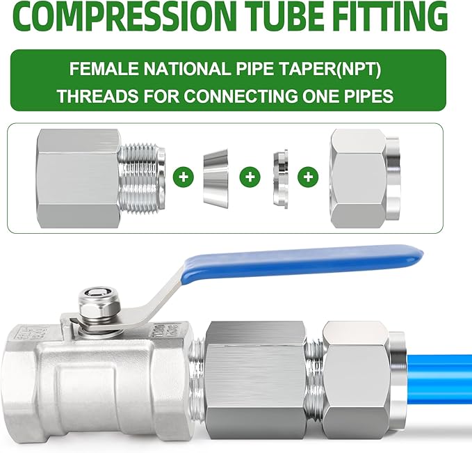 TAISHER 2PCS 304 Stainless Steel Compression Tube Pipe Fitting Connector, 1/4" Tube OD x 1/8" NPT Female Straight Adapter