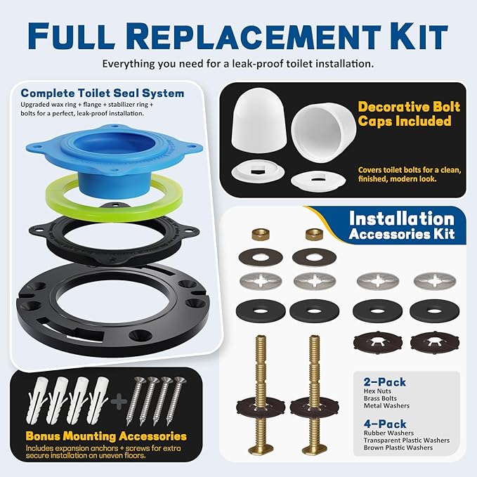NEEXAN Toilet Flange Repair Kit – Toilet Wax Ring Replacement Kit with Elastic Wax Ring, Rubber Toilet Gasket Seal Kit with Nuts, Washers & Bolt Caps