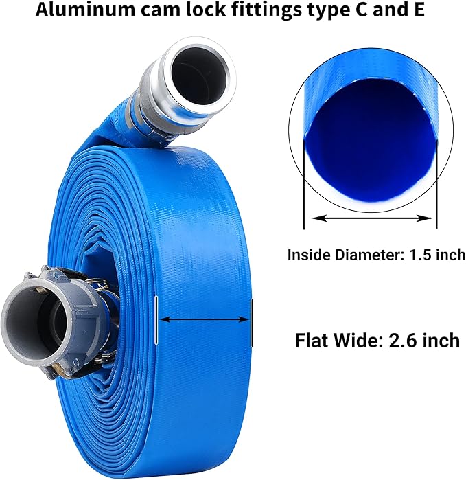 1-1/2" x 100ft PVC Lay Flat Discharge Hose With Aluminum Camlock C & E Fittings, Cam Lock Fitting Type A included, Heavy Duty Reinforced Pump Backwash Hose Assembly