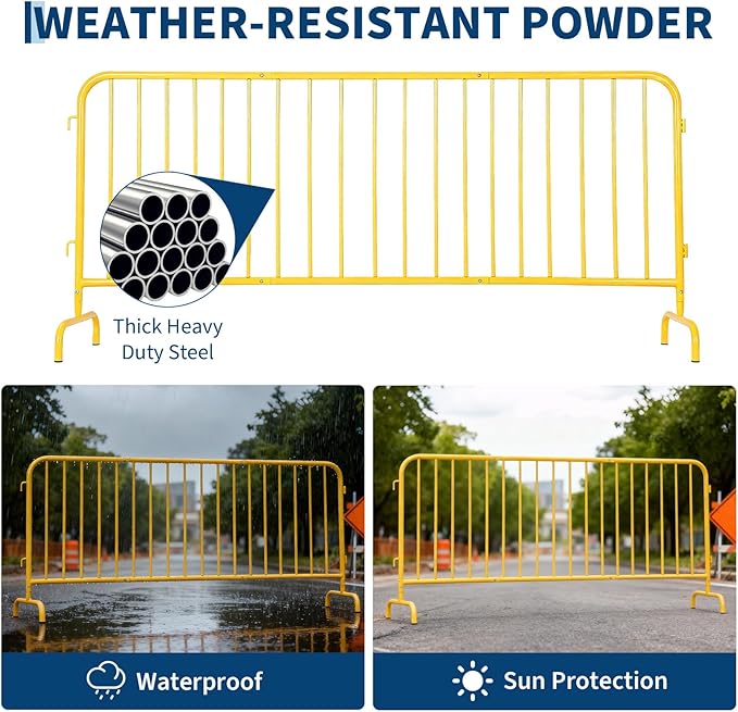 Interlocking Steel Barricade, 7.5 Ft. Heavy Duty Galvanized Metal Barricade, Interlocking Steel Road Barriers with with Bridge Feet Base, for Crowd Control Event Fencing Indoor/Outdoor, Yellow