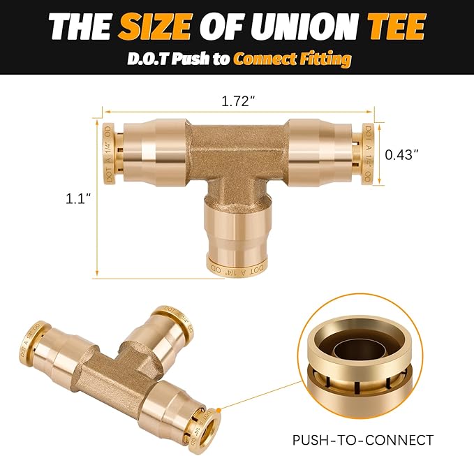 1/4" Tee Union Push to Connect Fittings， 4PCS DOT Approved Air Fittings Brass Air Brake Line Fittings，Quick Push in Union Fittings for Trucks Trailers Industrial Workshops